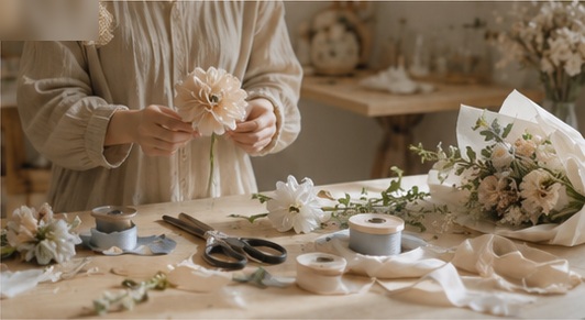 默花工作室手作花藝過程，桌面上有花材、緞帶與正在整理的花禮